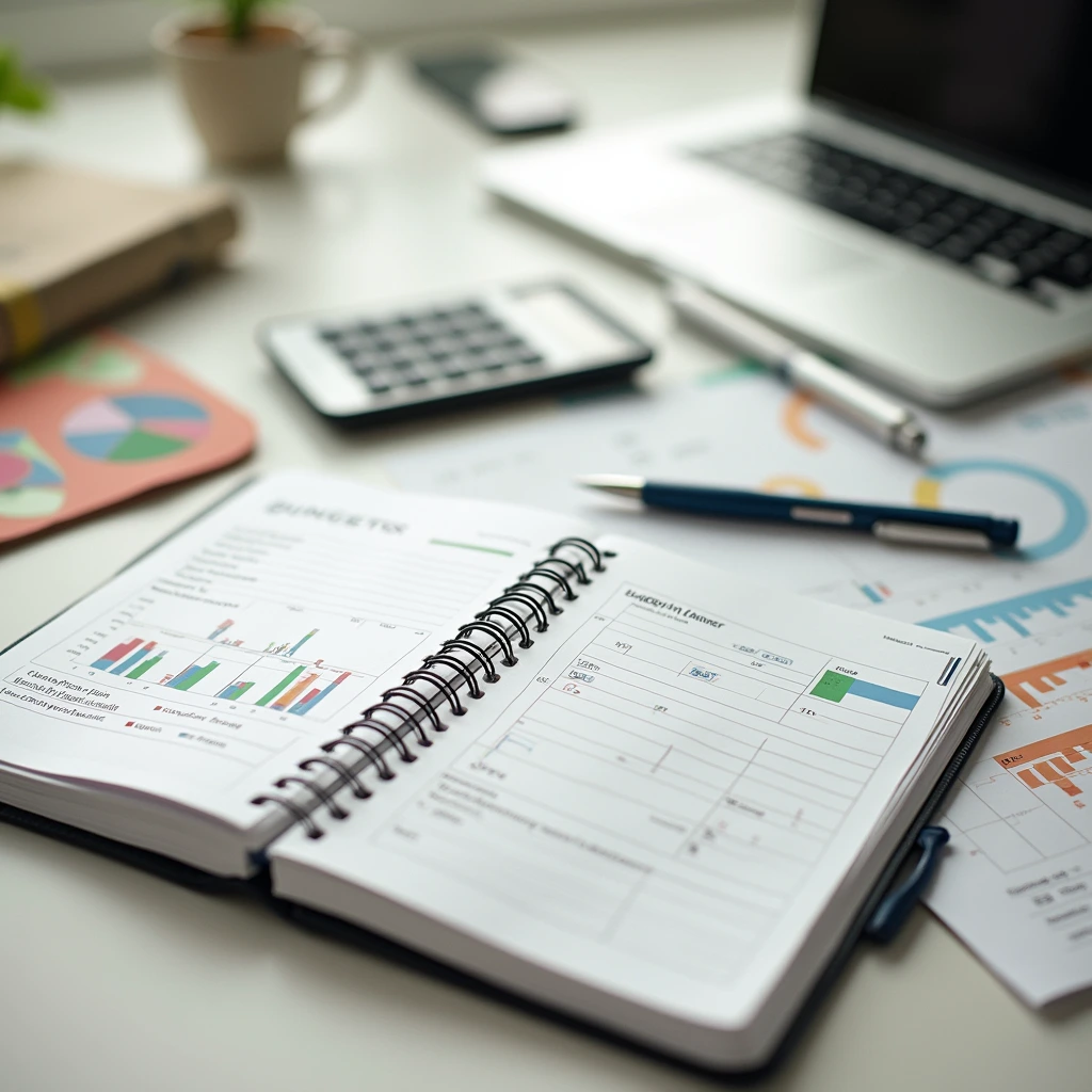 Organized workspace with budgeting planner and calculator – Newsova’s simple budget tools and strategies to manage your money effectively.