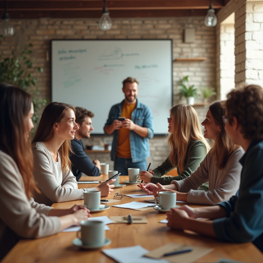 A small team brainstorming and collaborating around a table, symbolizing Newsova’s journey from a humble start to a trusted community for smart shopping and budgeting advice.