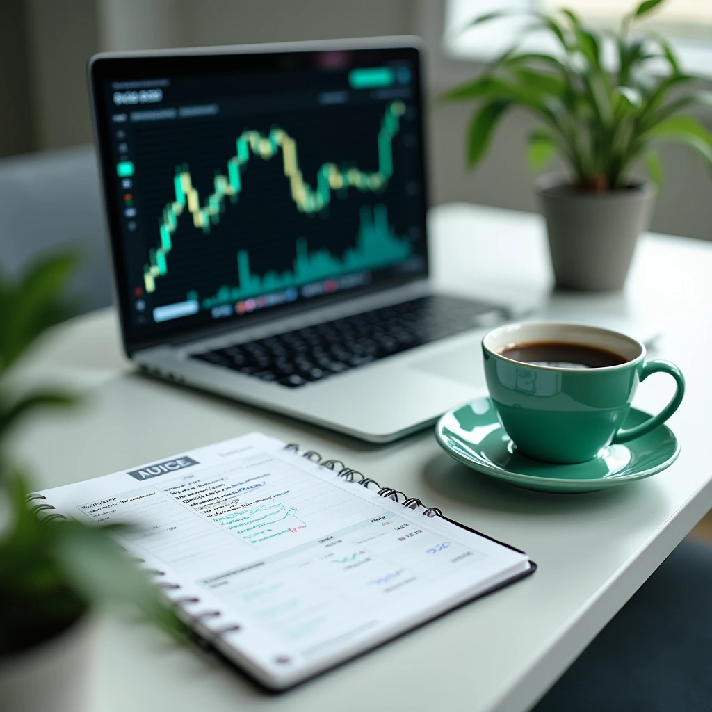 Desk setup with laptop showing stock charts and financial goals – personal finance tips and advice from Newsova to help you save, invest, and reduce debt.